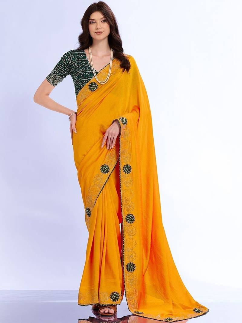 yellow ethnic motifs embroidered silk blend bandhani saree