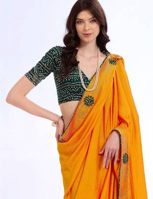 yellow ethnic motifs embroidered silk blend bandhani saree 2