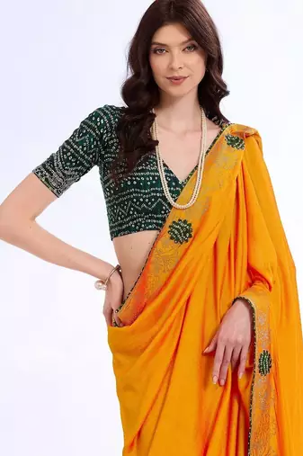 yellow ethnic motifs embroidered silk blend bandhani saree