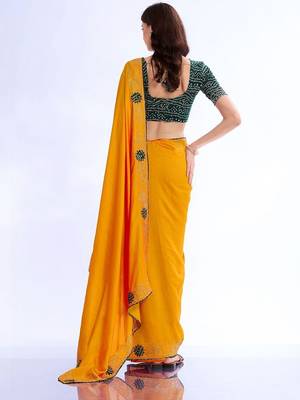 yellow ethnic motifs embroidered silk blend bandhani saree 3