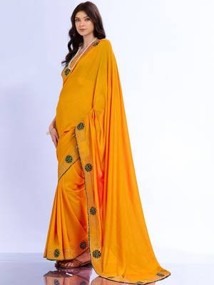 yellow ethnic motifs embroidered silk blend bandhani saree 5