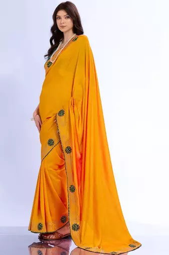 yellow ethnic motifs embroidered silk blend bandhani saree