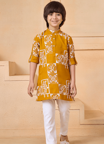 boys block printed cotton kurta pajama set