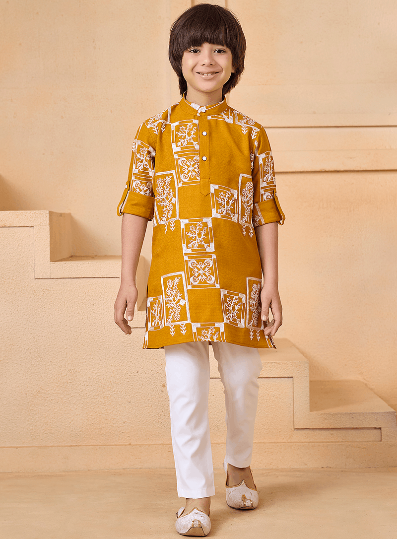 boys block printed cotton kurta pajama set
