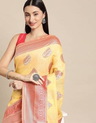 yellow yellow & red ethnic motifs silk blend banarasi saree 1