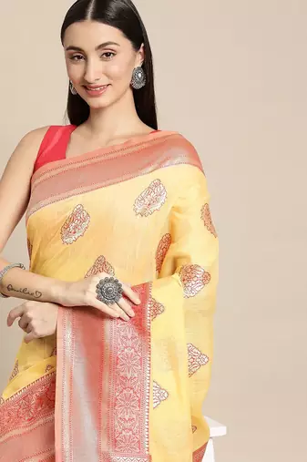 yellow yellow & red ethnic motifs silk blend banarasi saree