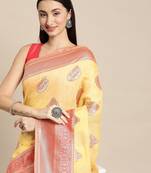 yellow yellow & red ethnic motifs silk blend banarasi saree