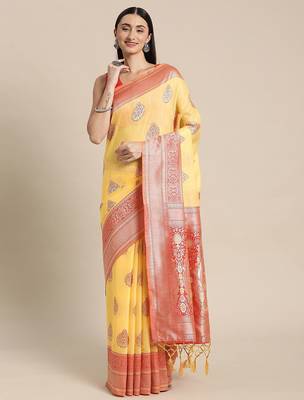yellow yellow & red ethnic motifs silk blend banarasi saree 2