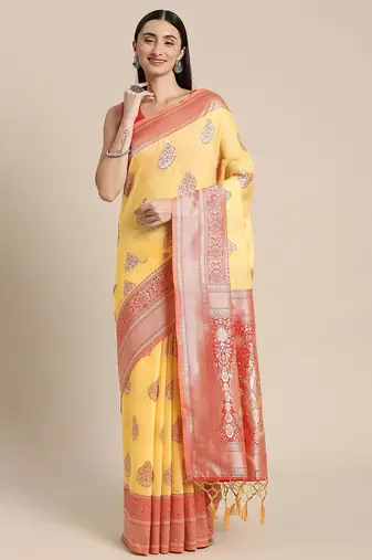 yellow yellow & red ethnic motifs silk blend banarasi saree