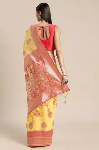 yellow yellow & red ethnic motifs silk blend banarasi saree