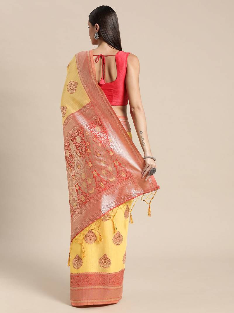 yellow yellow & red ethnic motifs silk blend banarasi saree