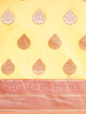 yellow yellow & red ethnic motifs silk blend banarasi saree 4