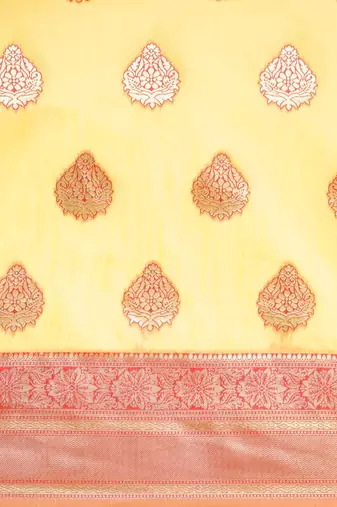 yellow yellow & red ethnic motifs silk blend banarasi saree