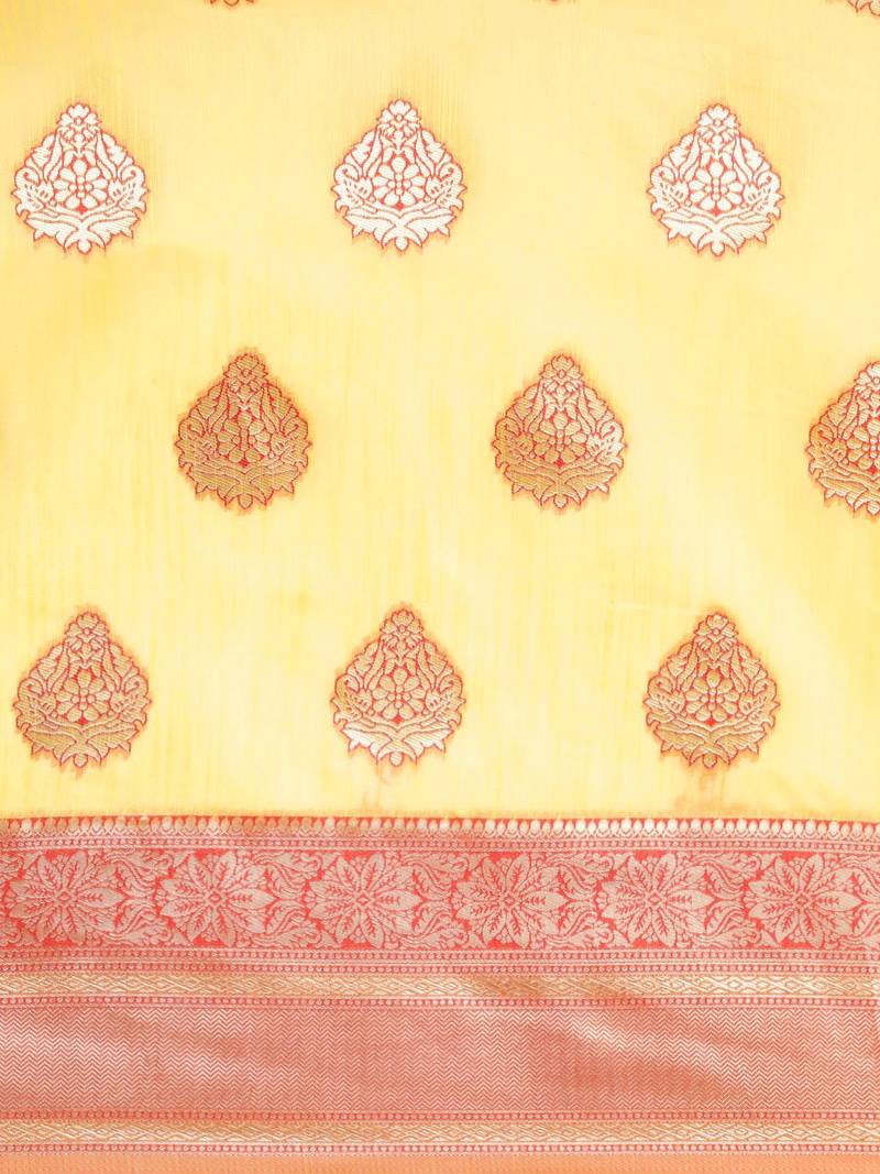 yellow yellow & red ethnic motifs silk blend banarasi saree