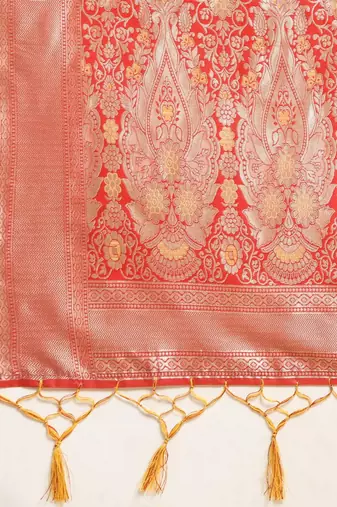 yellow yellow & red ethnic motifs silk blend banarasi saree