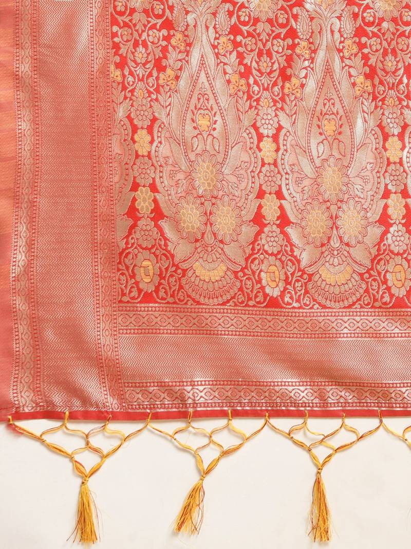 yellow yellow & red ethnic motifs silk blend banarasi saree