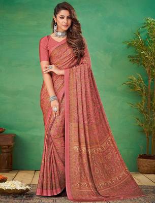 pink floral poly crepe bagru saree 1