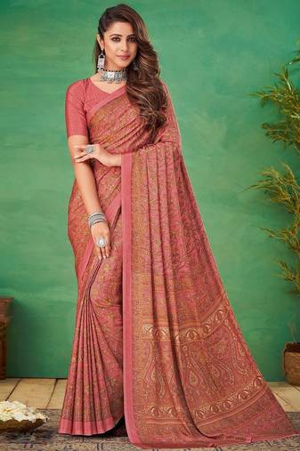 pink floral poly crepe bagru saree