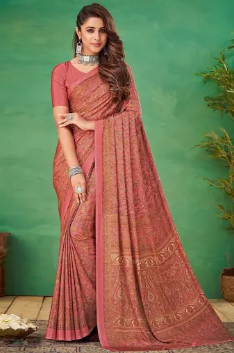 pink floral poly crepe bagru saree