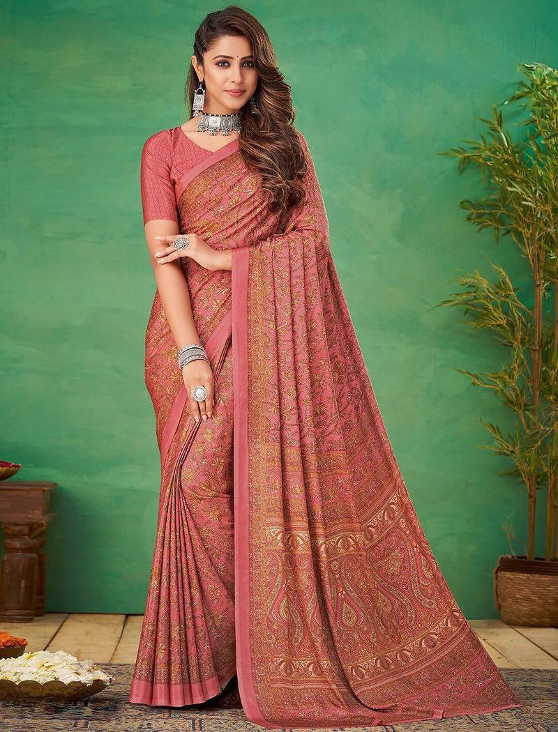 pink floral poly crepe bagru saree