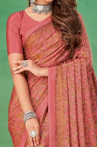 pink floral poly crepe bagru saree