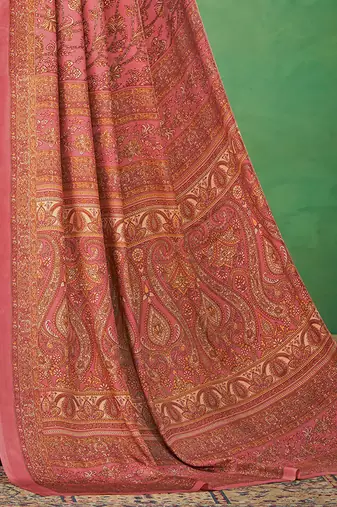 pink floral poly crepe bagru saree