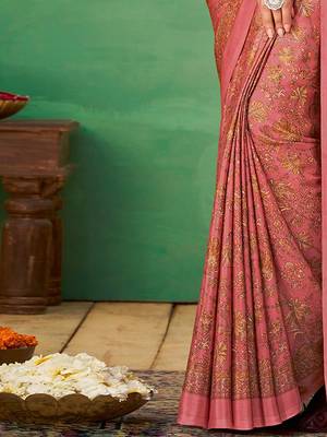pink floral poly crepe bagru saree 5