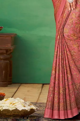 pink floral poly crepe bagru saree