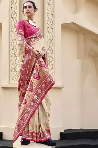 cream woven design zari banarasi saree
