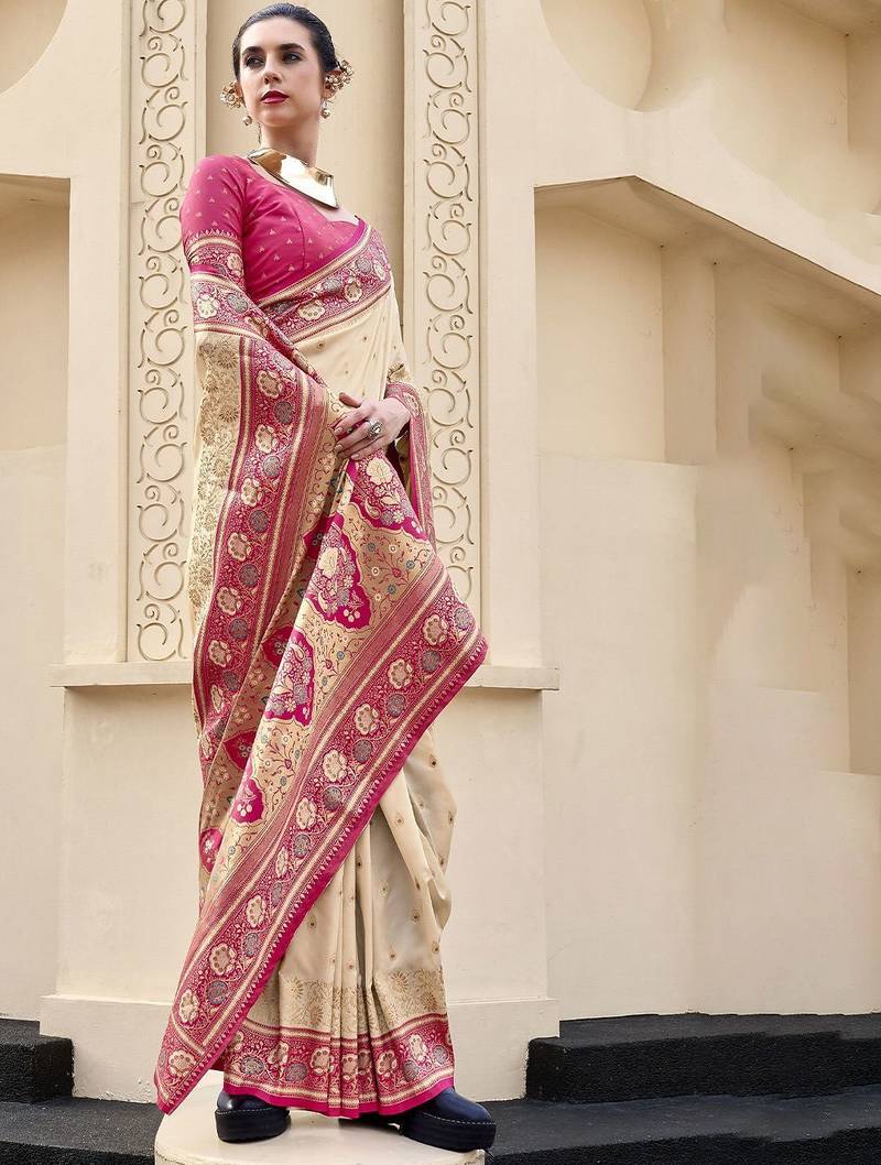 cream woven design zari banarasi saree