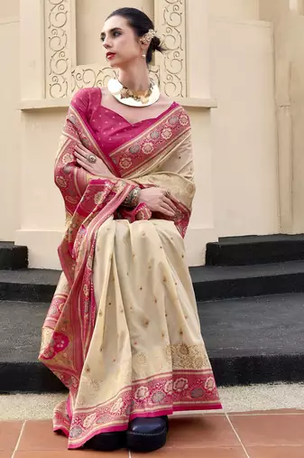 cream woven design zari banarasi saree