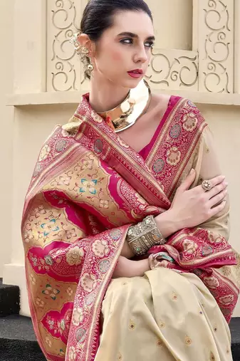 cream woven design zari banarasi saree