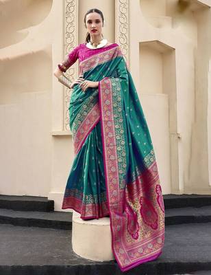 green ethnic motifs woven design zari banarasi saree 1