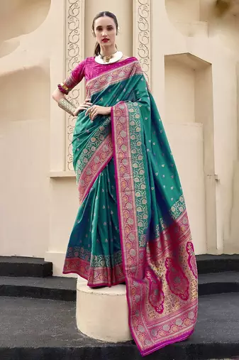 green ethnic motifs woven design zari banarasi saree