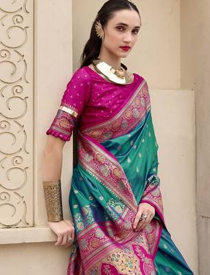green ethnic motifs woven design zari banarasi saree 2
