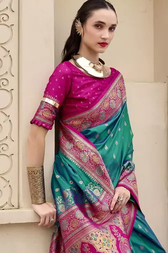green ethnic motifs woven design zari banarasi saree