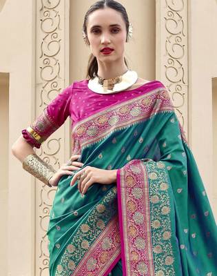 green ethnic motifs woven design zari banarasi saree 3