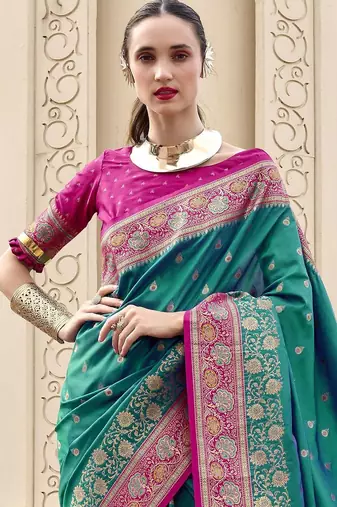 green ethnic motifs woven design zari banarasi saree