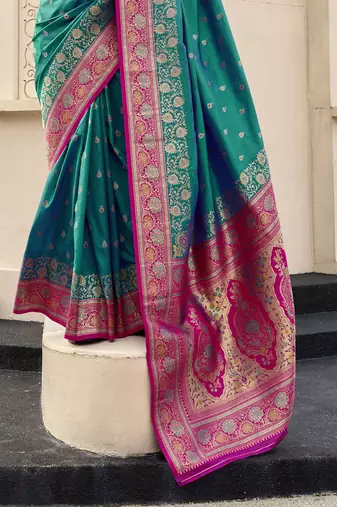 green ethnic motifs woven design zari banarasi saree