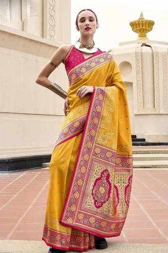 mustard floral woven design zari banarasi saree