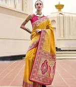 mustard floral woven design zari banarasi saree