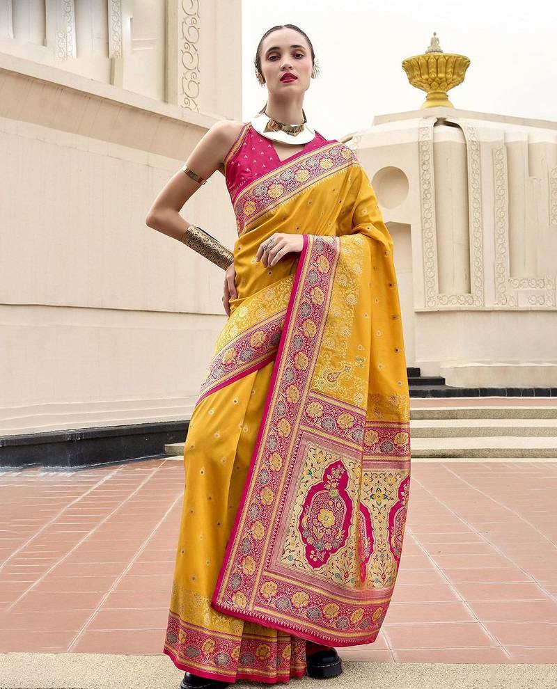mustard floral woven design zari banarasi saree