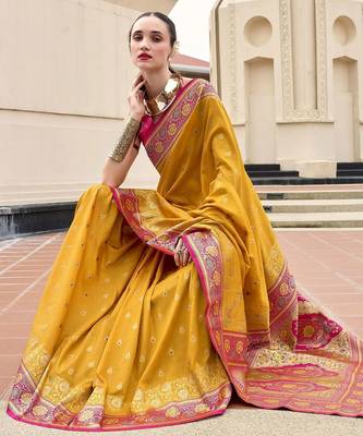 mustard floral woven design zari banarasi saree 2
