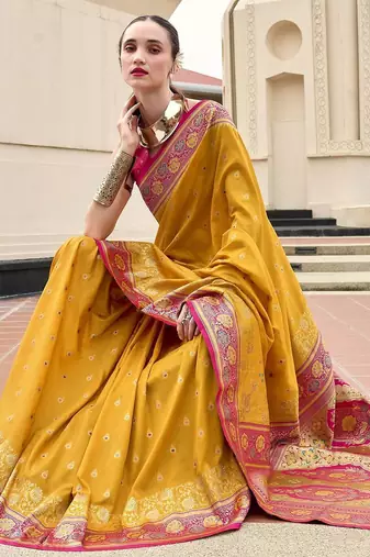 mustard floral woven design zari banarasi saree