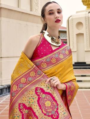 mustard floral woven design zari banarasi saree 3