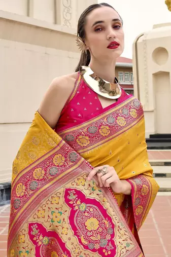 mustard floral woven design zari banarasi saree