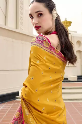 mustard floral woven design zari banarasi saree