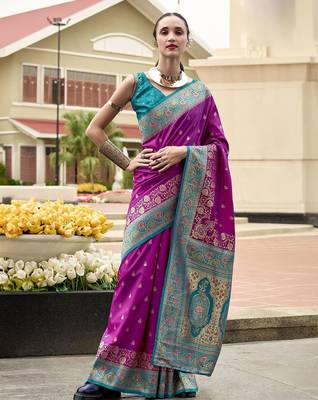 purple floral zari banarasi saree with blouse piece 1