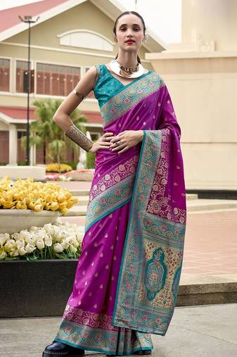 purple floral zari banarasi saree with blouse piece