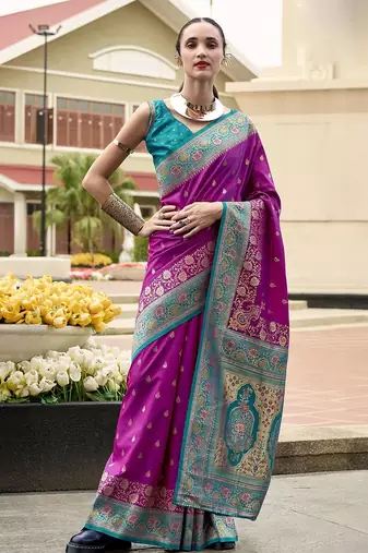 purple floral zari banarasi saree with blouse piece